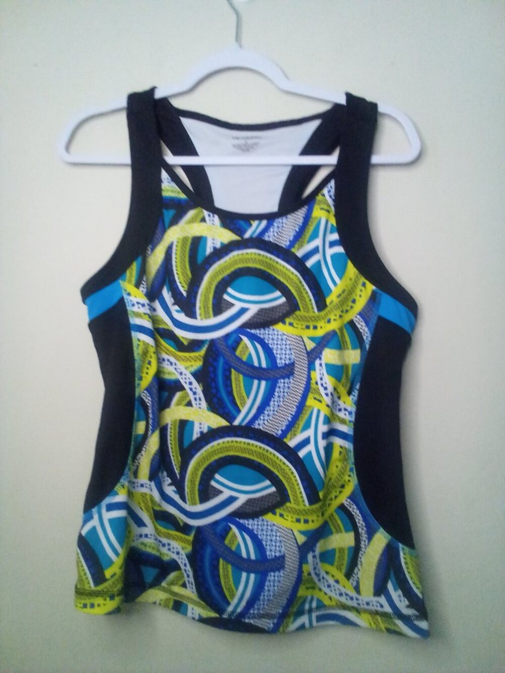 Be Inspired Tank Top Women L Racer Back Shelf Bra Pattern Black Green